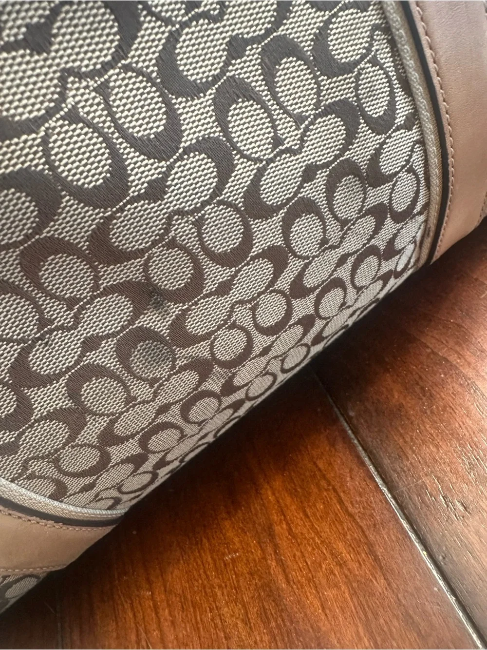 Coach Signature Canvas Tote with Tan Trim and Dark Brown Handles